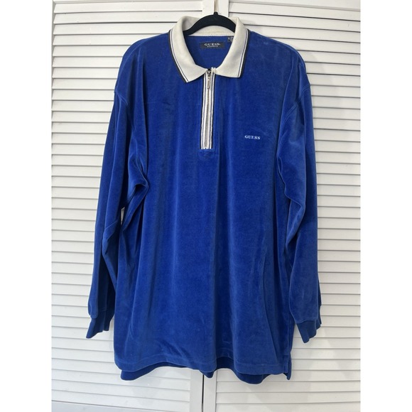 Guess Other - Y2K Vintage Men's Guess Jeans Blue Velour Polo Shirt Long Sleeve Collar Size XXL